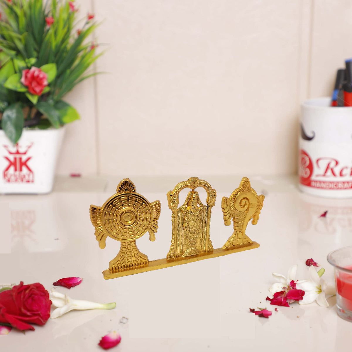 KridayKraft Tirupati Balaji Symbol Stand Shankh Chakra with Balaji Statue Gold Plating Antique Decorative for Car Dashboard Home & Office Table Showpiece Figurines,Religious Gift Idol, 5 x 1 Cm