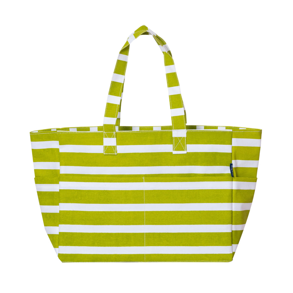 AQVA Striped Beach/Pool Cotton Tote Bag for Women with 4 Outer Pockets | Large Capacity | Stylish Multipurpose Handbag | Resuable Shoulder Bag for for Office, Travel, Beach & Work (Lime)