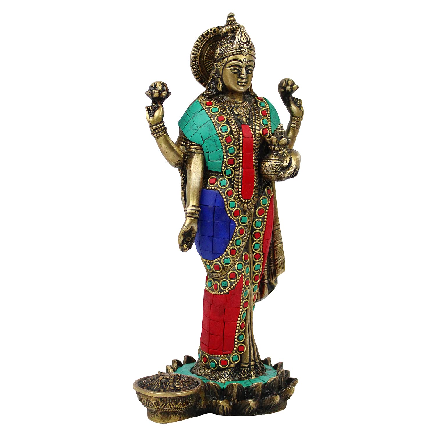 ARTVARKO Goddess Maa Laxmi Idol Lakshmi Brass Multicolor Gemstone Handwork Statue Luxmi Murt Standing on Lotus Height 10 Inches