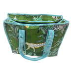 RajPadmini 4-in-1 Rakhi Gifting COMBO : Premium Quilted Tote Bag + 3 Waterproof Pouches = Your Complete Organization Solution! (Animal Print Green)