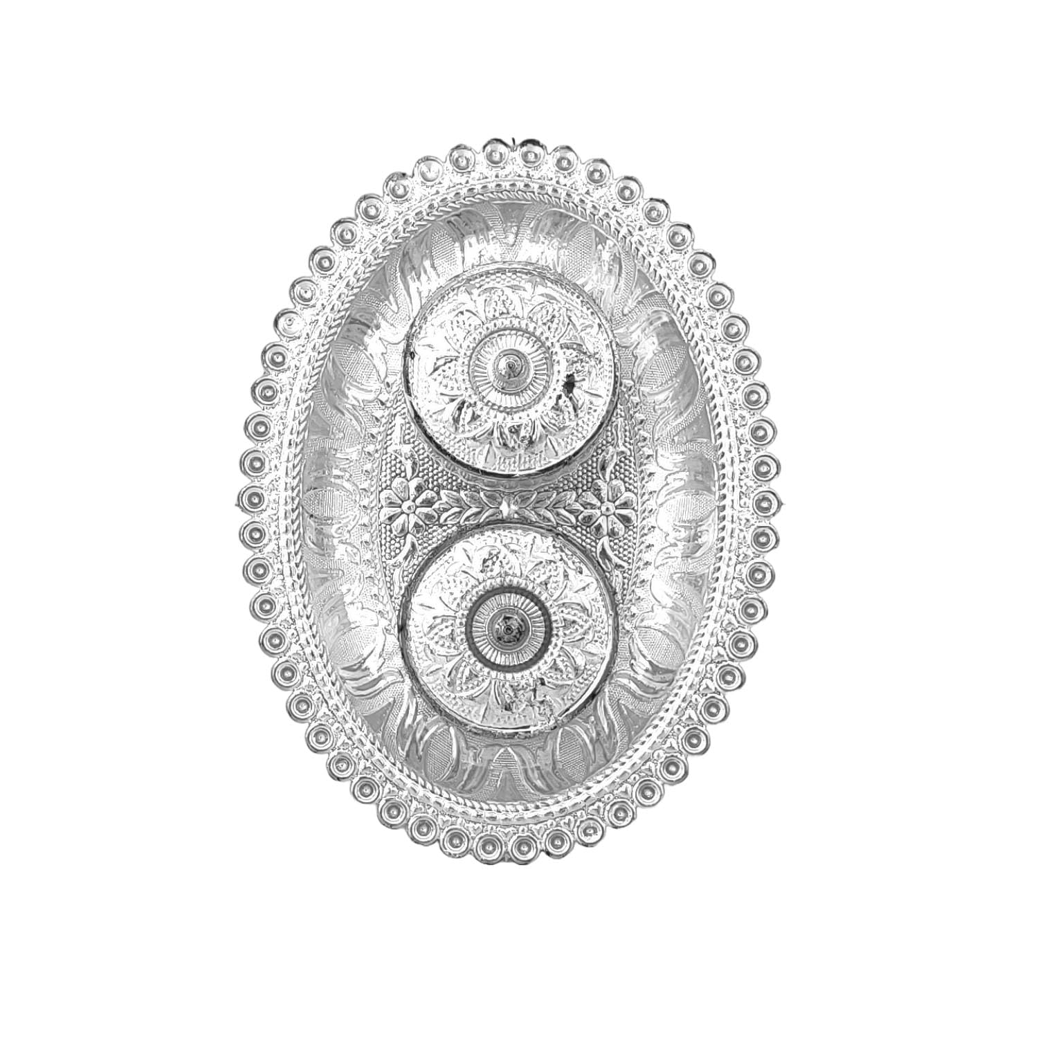SAI Balaji Decorative Non Metallic Silver Finish Serving Trays/Thalis with Kumkum Holders (18 x 13 x 3 cm) - Pack of 6 | for Return Gifts, Pooja, Festivals, Weddings & Home Décor SMLSLVR-1