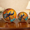 Go Hooked Gold Metal Decorative Tray Set of 2 | Round Peacock Artwork Accent Trays for Home Décor, Coffee Table Decoration, Romantic Valentine Gift & Premium Interior Styling (8/10 Inch)