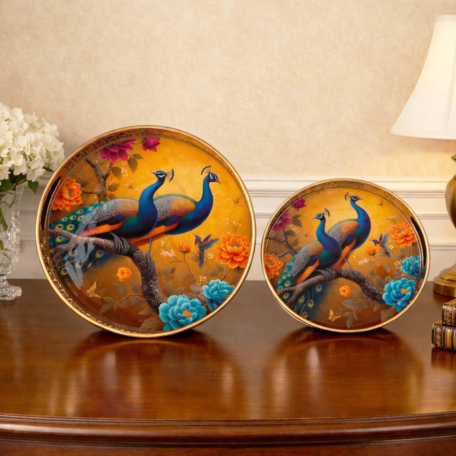 Go Hooked Gold Metal Decorative Tray Set of 2 | Round Peacock Artwork Accent Trays for Home Décor, Coffee Table Decoration, Romantic Valentine Gift & Premium Interior Styling (8/10 Inch)