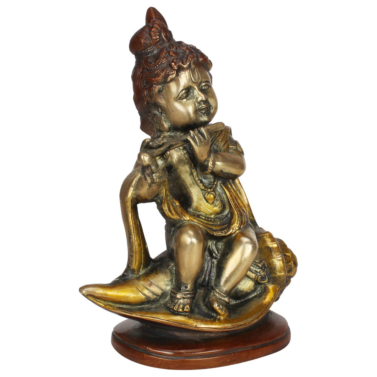 SVARUP Brass Krishna Bhagwan Sitting on Counch Shankh in Multi Color Height 8 Inch