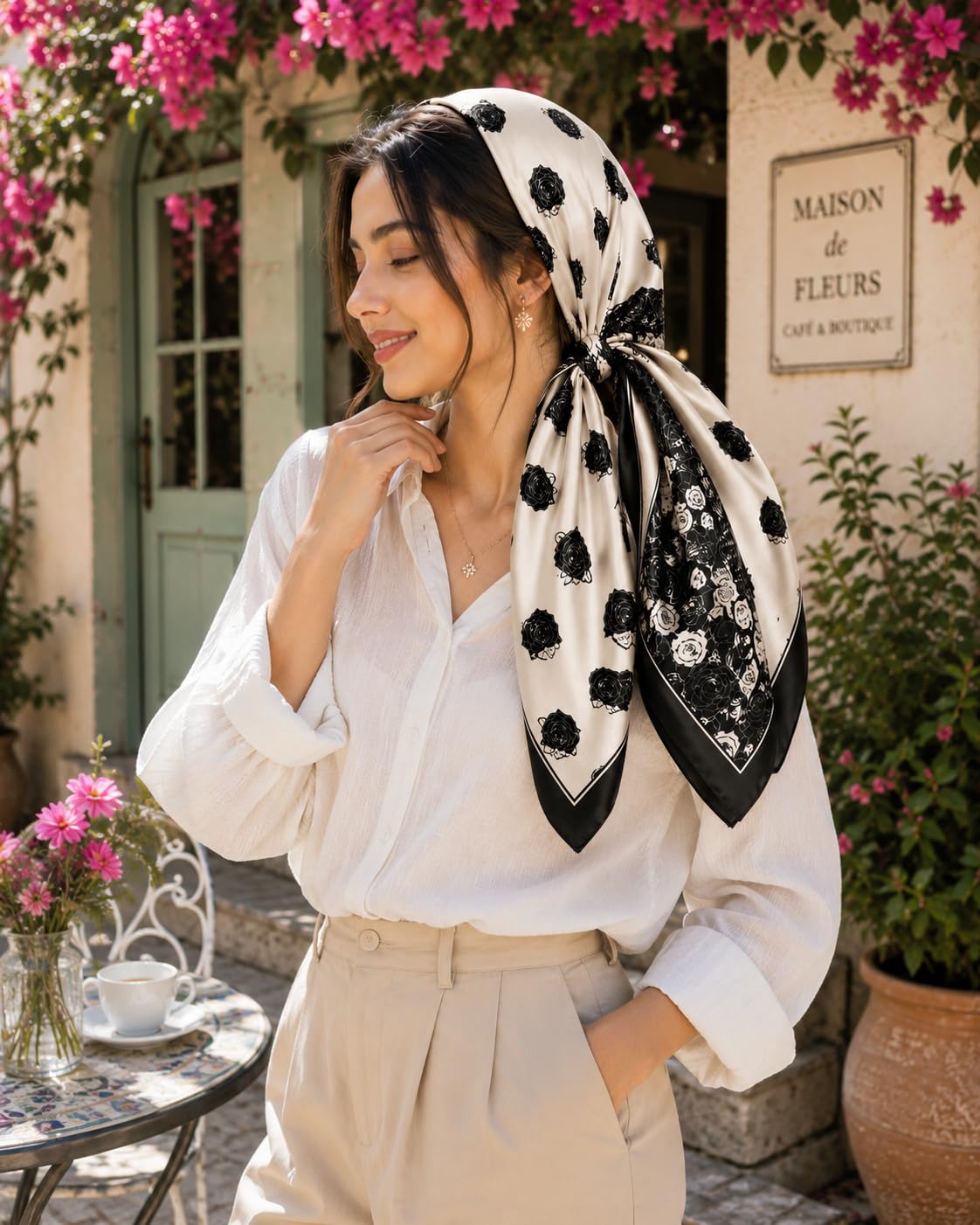 Etietnic Satin Square Head Scarf for Women,ROSE BLACK Printed