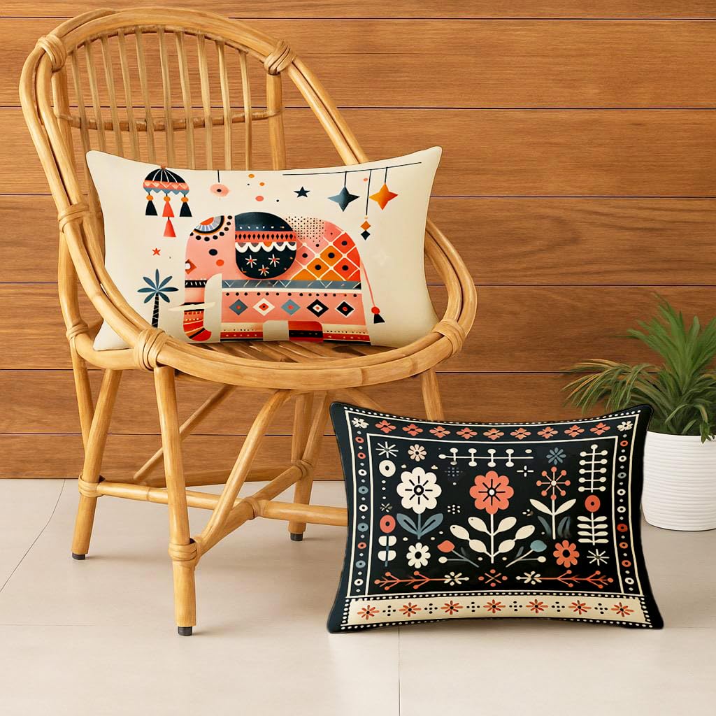 STITCHNEST Elephant & Boho Floral Satin Cushion Covers 12x18 Inch, Pack of 2 for Living Room, Sofa & Kids Room Decor