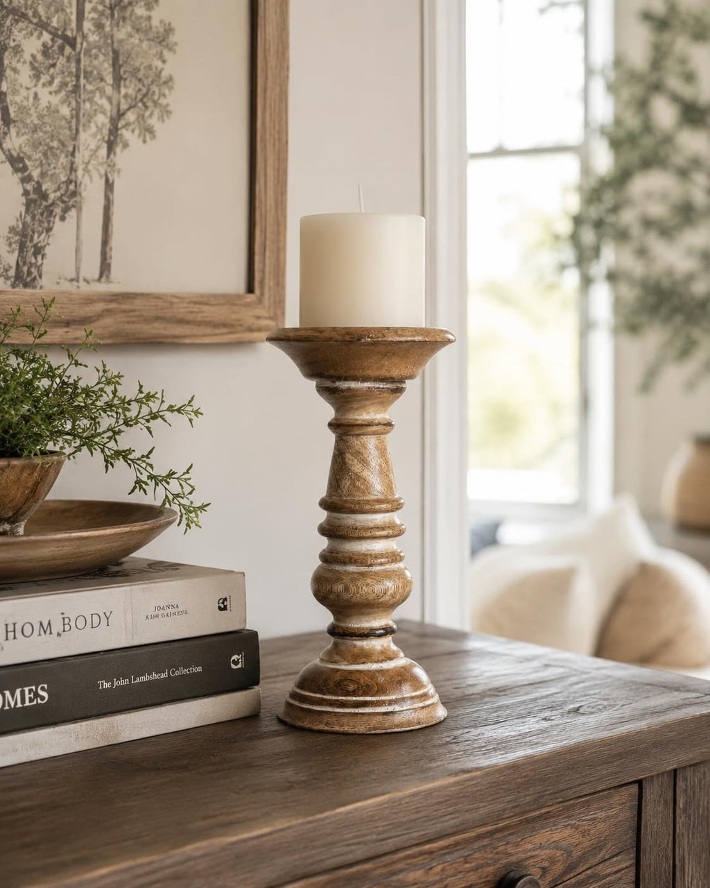 Wooden Pillar Candle Holder Stand, Rustic Turned Design Ideal for Weddings or Parties as Well as Home Decor Brown White wash