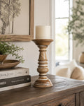 Wooden Pillar Candle Holder Stand, Rustic Turned Design Ideal for Weddings or Parties as Well as Home Decor Brown White wash