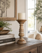 Wooden Pillar Candle Holder Stand, Rustic Turned Design Ideal for Weddings or Parties as Well as Home Decor Brown White wash