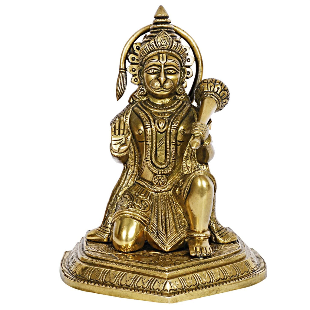 ARTVARKO Brass Lord Hanuman Ji Sitting Blessing Murti Bajrangbali with Gada Bhagwan Statue Showpiece for Pooja Gift Living Room Decoration Home Décor 8 Inches Height