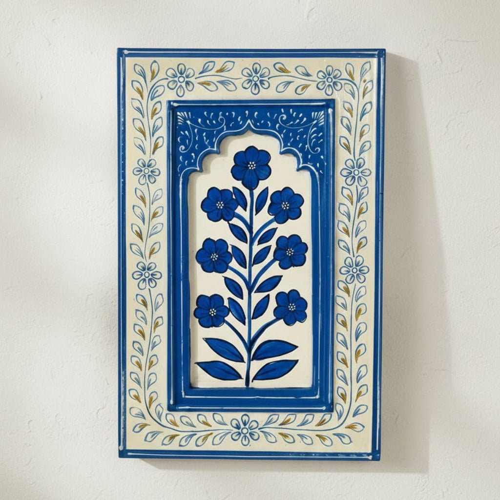 ATRANGI STUDIO Coastal Blue Wooden Wall Frame | Handpainted Jharokha Style Floral Wall Hanging | Rajasthani Traditional Art | Framed Wall Painting for Living room, Bedroom, Office | 12×8 Inch