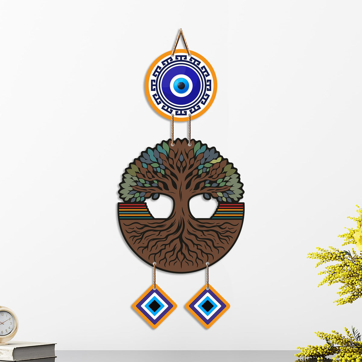 Artvibes Wooden Style Tree of Life Evil Eye Wall Decor for Main Door Entrance | Nazar Suraksha Hanging for Home Office Living Room | Good Luck Decorative Gift (WH_85123N)