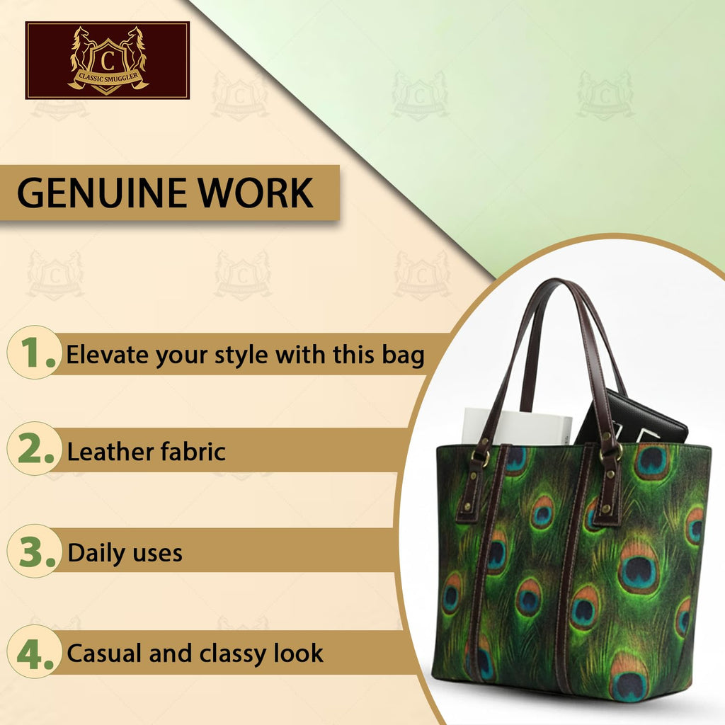 Global Impex Stylish Women’s Handbag with Peacock Print | Elegant Printed Shoulder Bag | Large Capacity Tote Bag for Daily Use, Office, College, Shopping & Travel Purse Green
