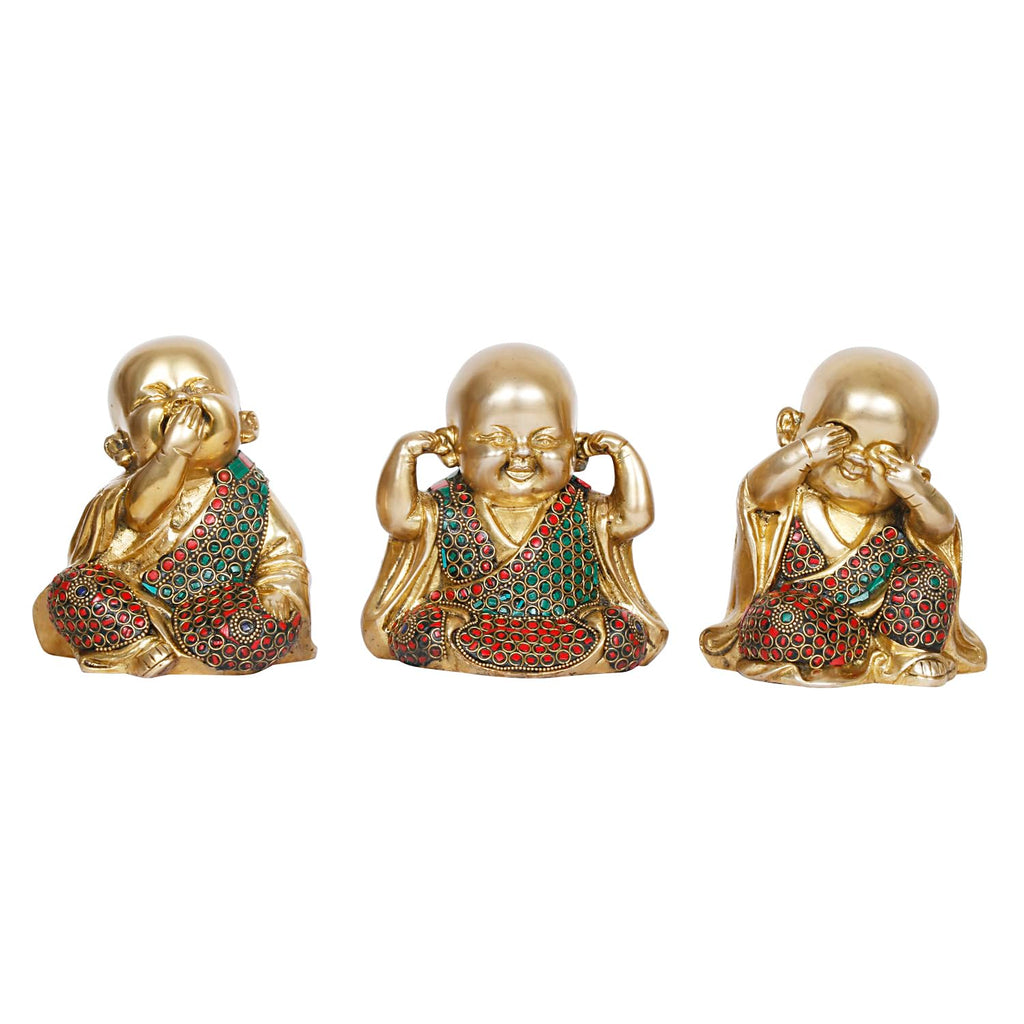 ARTVARKO Baby Laughing Buddha Statue Set of 3 Idol Brass with Inlay Handwork Home D?cor Table Showpiece Idol (5 Inches 4 Kg