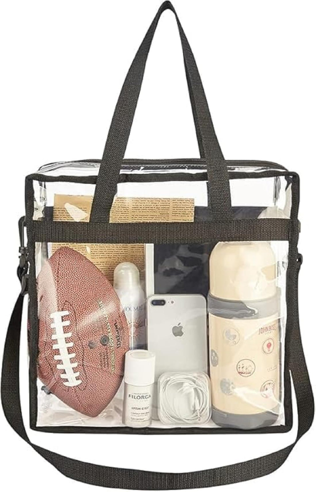 Clear Tote Bag, Stadium Security Approved, See Through Handbag Purse, Transparent Messenger Bag with Zipper Closure Crossbody Shoulder Bag with Adjustable Strap (30x30x6 CM) (Black)