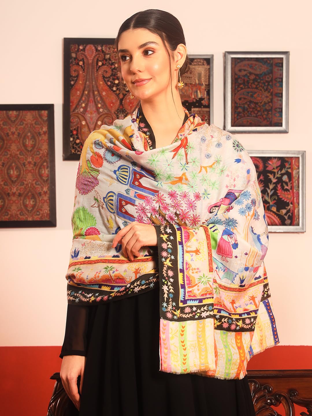 Pashmoda Women Naqshkaar Fine Wool Fabric Pashmina Kalamkari Embroidered Shawl (Size: 40x80in, 101x203cm) KAS12