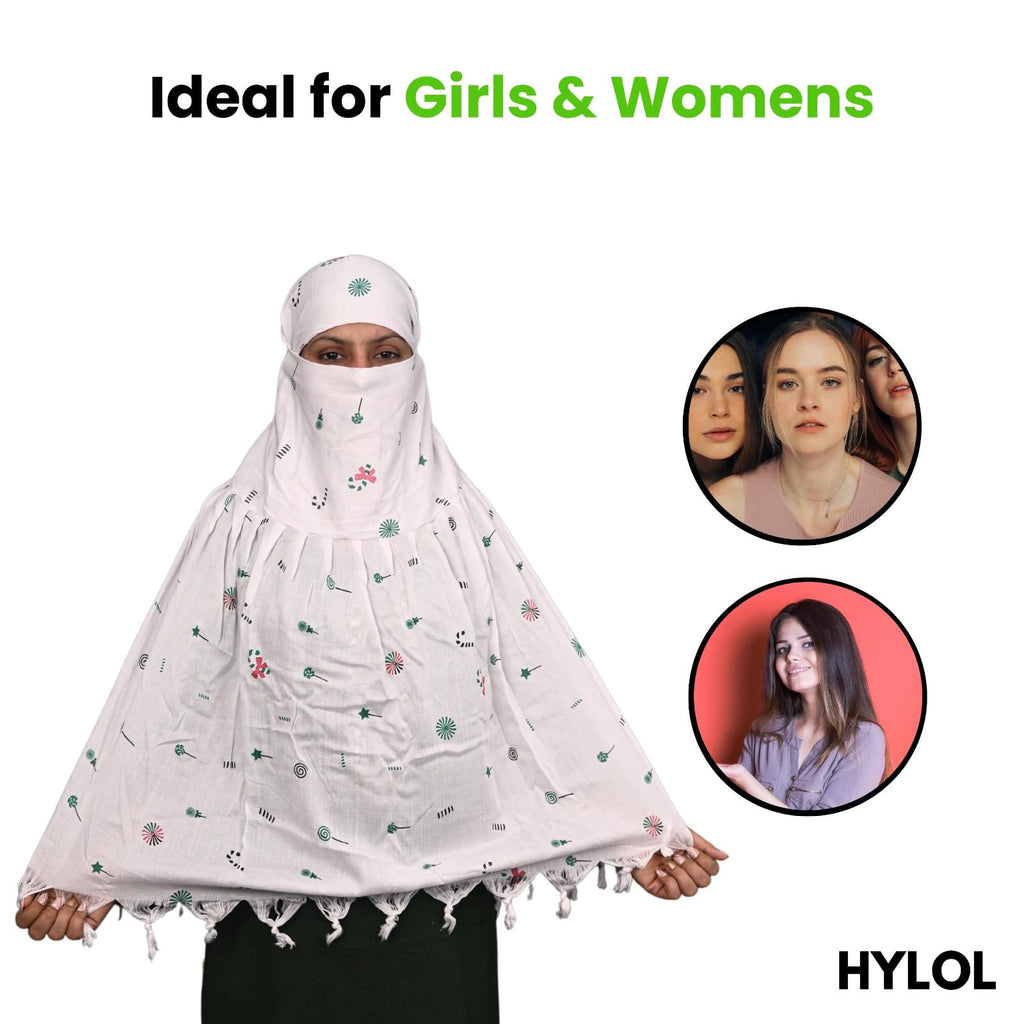 HYLOL Cotton Female Pure White Innovative Stylish Candy Printed Pattern Fancy Scarf With Sun Protection Cover Face Mask For Women's And Girls