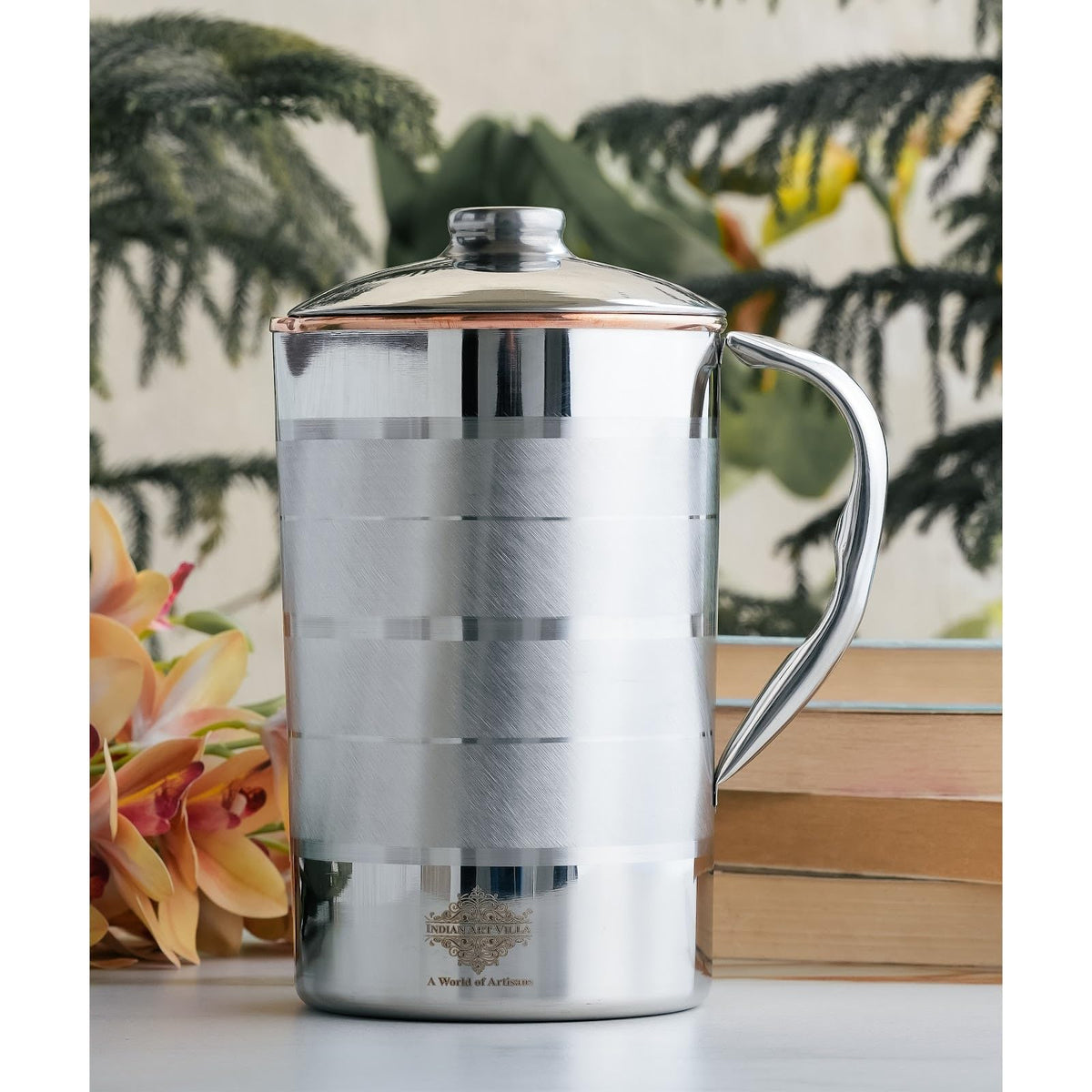 Indian Art Villa Steel Copper Jug with Lid, Luxury Design – 1600 ML, Water Jug for Home, Office, Dining Table, Tableware & Drinkware, Perfect for Gifting