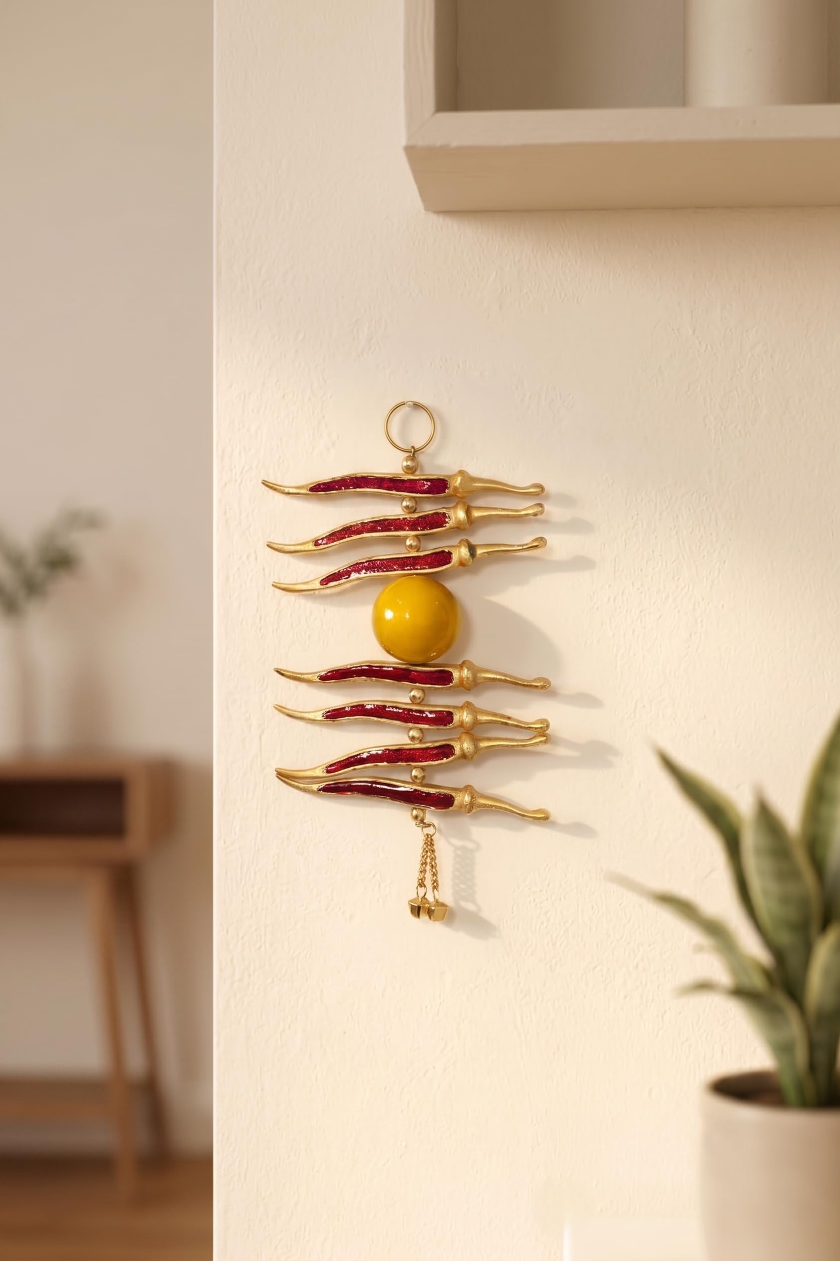 KridayKraft Metal Nimbu Mirchi Good Luck Hanging - Gold Plated Multicolour Lemon and Chili Decorative Showpiece for Entrance, Vastu, and Nazar Battu.