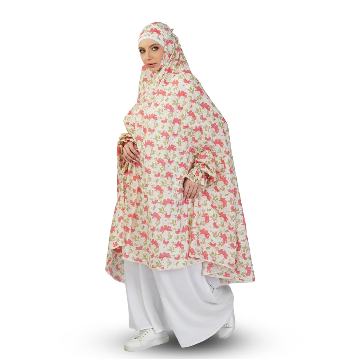 ANA Noor Jahan Pink Hibiscus Floral Prayer Dress – Pure Cotton Namaz Makhna with Tie Knot, 50″ Front × 58″ Back | Attached Sleeves | Lightweight, Breathable for Hajj, Umrah & Salah