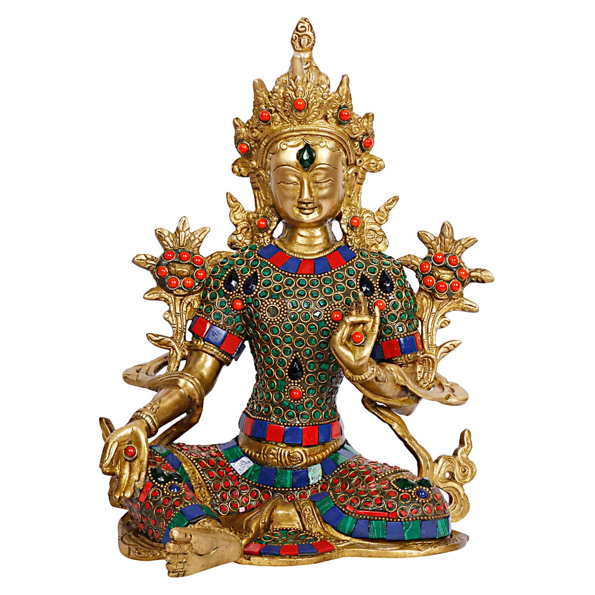 ARTVARKO Tara Devi Statue Brass Tibetan Goddess Religious Green Tara Statue for Health Happiness Wealth Idol Home Decor Sculpture Height 10 Inches