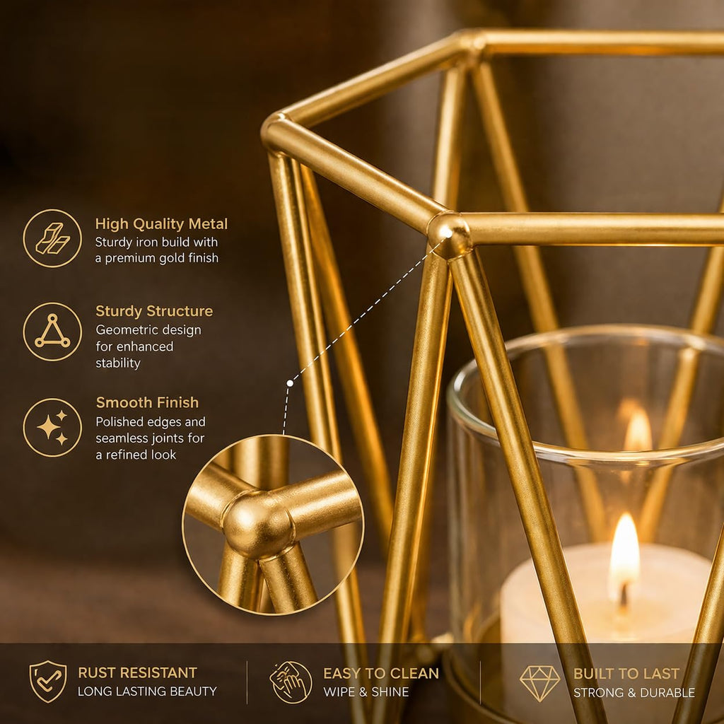 Stelluxe Geometric Gold Tealight Candle Holder with Glass Votive Cup, Modern Metal Lantern Style Candle Stand, Decorative Table Centerpiece for Home Decor, Wedding, Festival and Gift