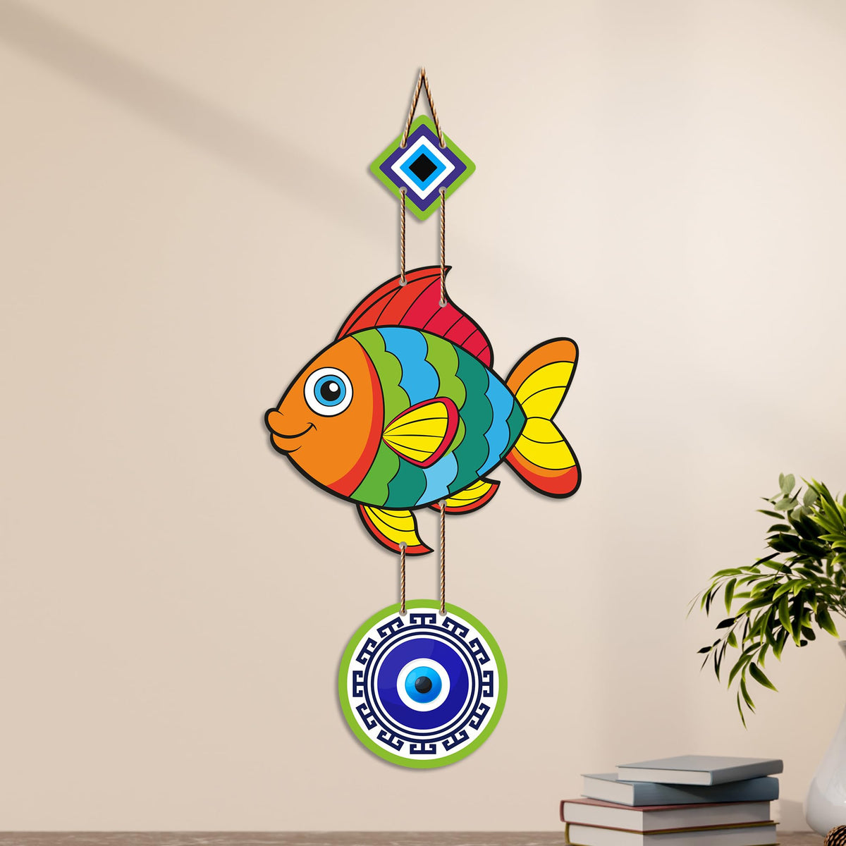Artvibes Lucky Fish Evil Eye Wall Hanging for Home Entrance | Nazar Suraksha MDF Wall Art | Positive Energy Decor for Main Door | Living Room | Office & Balcony (WH_8531N)