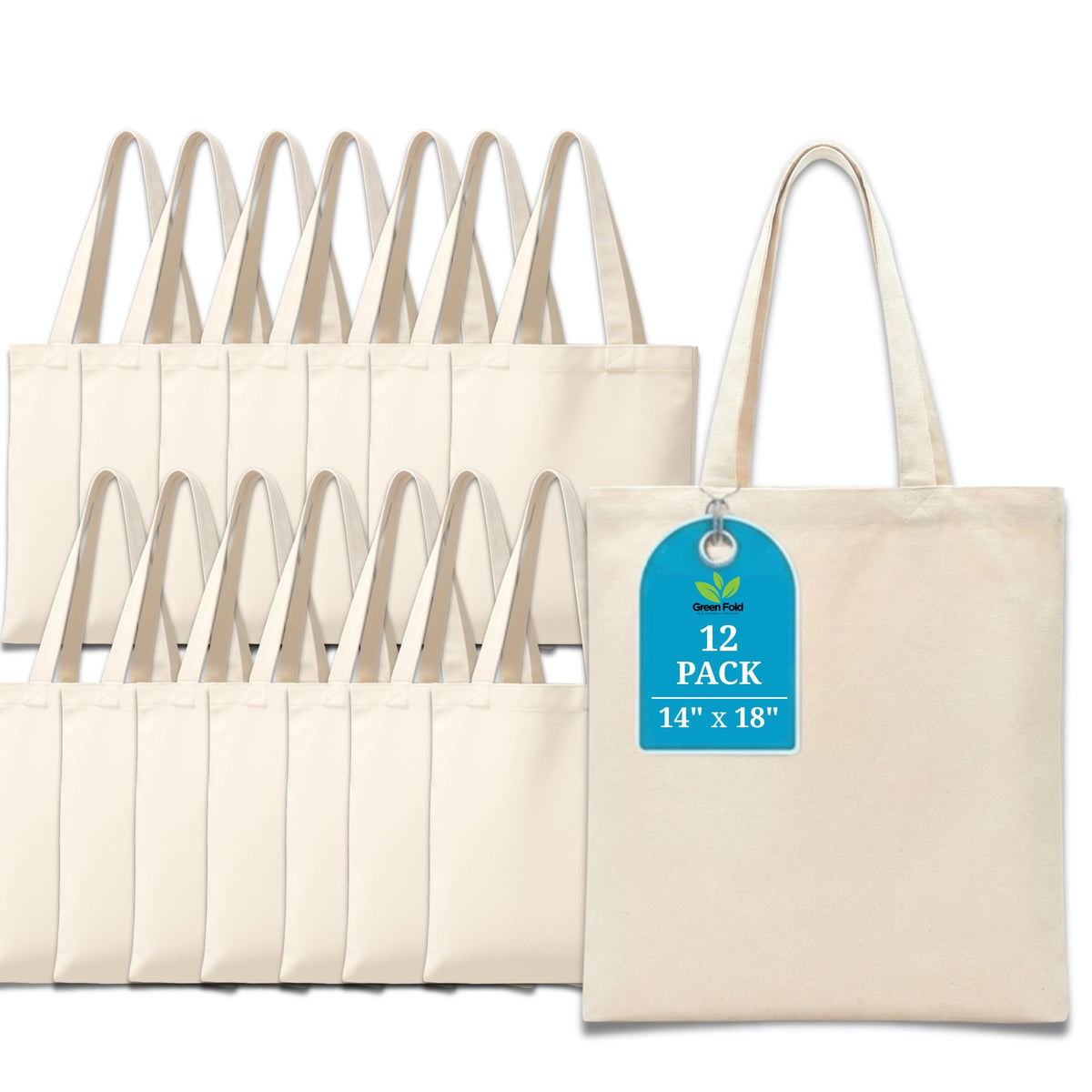 Greenfold 14x18 Inch (12 Pcs) Plain Canvas Tote Bag | 100% Organic Reusable 150 GSM Cotton Handbag for Shopping, Daily Use, Travel, Grocery, Gifting, Craft Diy, Painting, School, Office and Storage