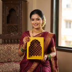 santarms Handcrafted Wooden Jharokha Temple for Home & Wall Hanging | Premium Yellow Pooja Mandir with Intricate Arch Lattice | Compact Wooden Mandir for Living Room, Office, & Wall Mount Decor