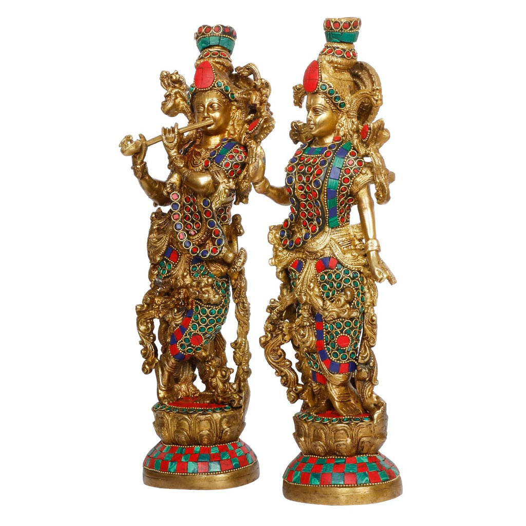 ARTVARKO Brass Lord Radha Krishna Playing Flute Standing On Lotus Multicolor Stone Handwork Murti for Gift Idol Height 14 Inches