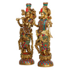 ARTVARKO Brass Lord Radha Krishna Playing Flute Standing On Lotus Multicolor Stone Handwork Murti for Gift Idol Height 14 Inches