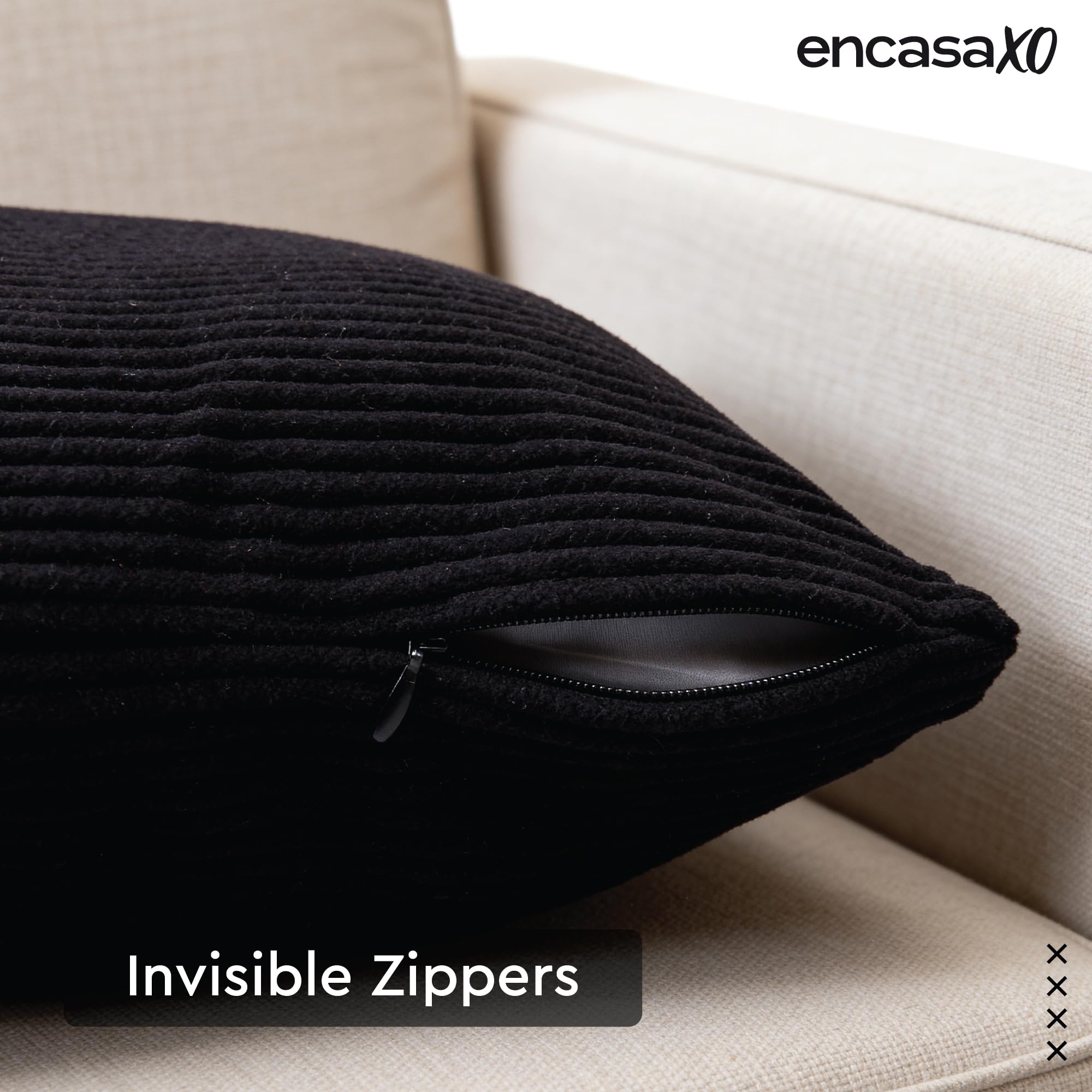 Encasa XO Corduroy Cushion Covers, No Inserts, Set of 2, Black