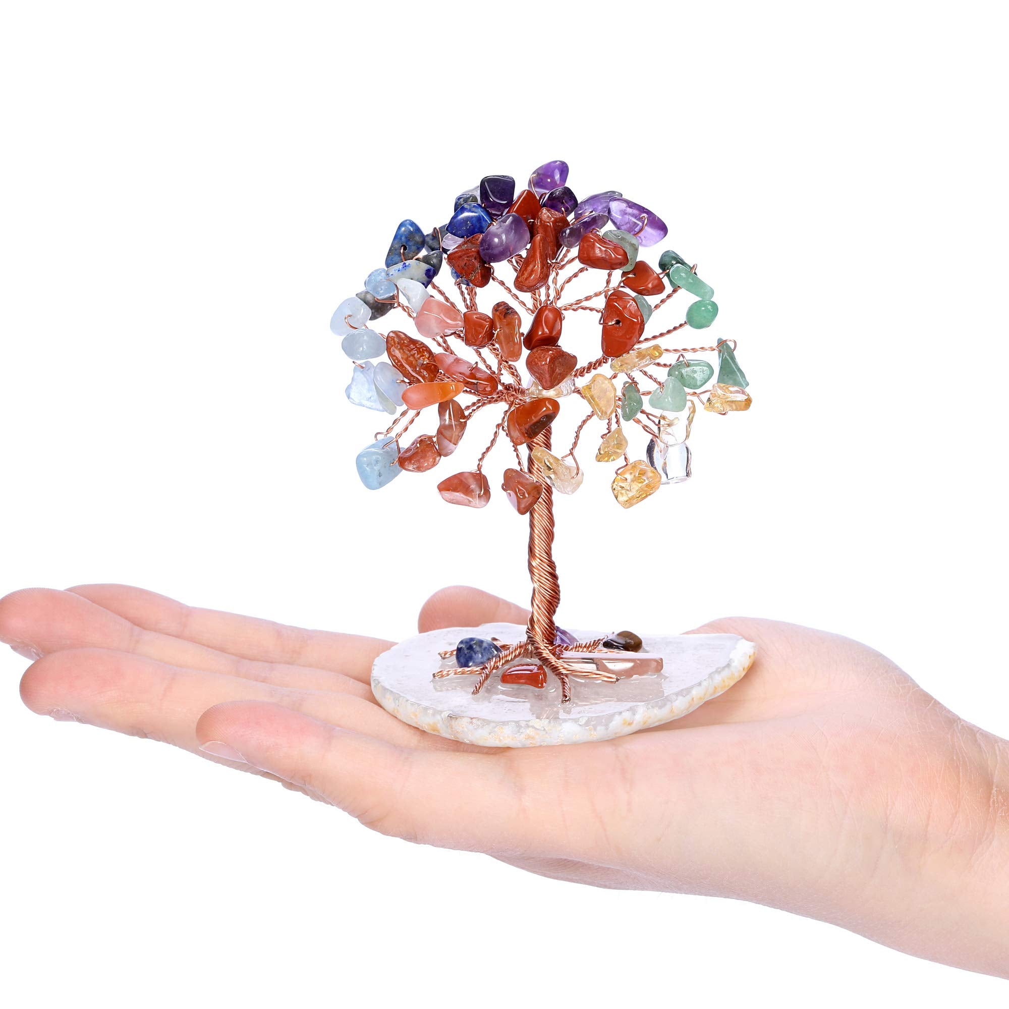 Jovivi Natural 7 Chakra Healing Crystals Tree on Agate Slice Base Healing Stones Gem Money Tree for Feng Shui Home Office Table Decorations