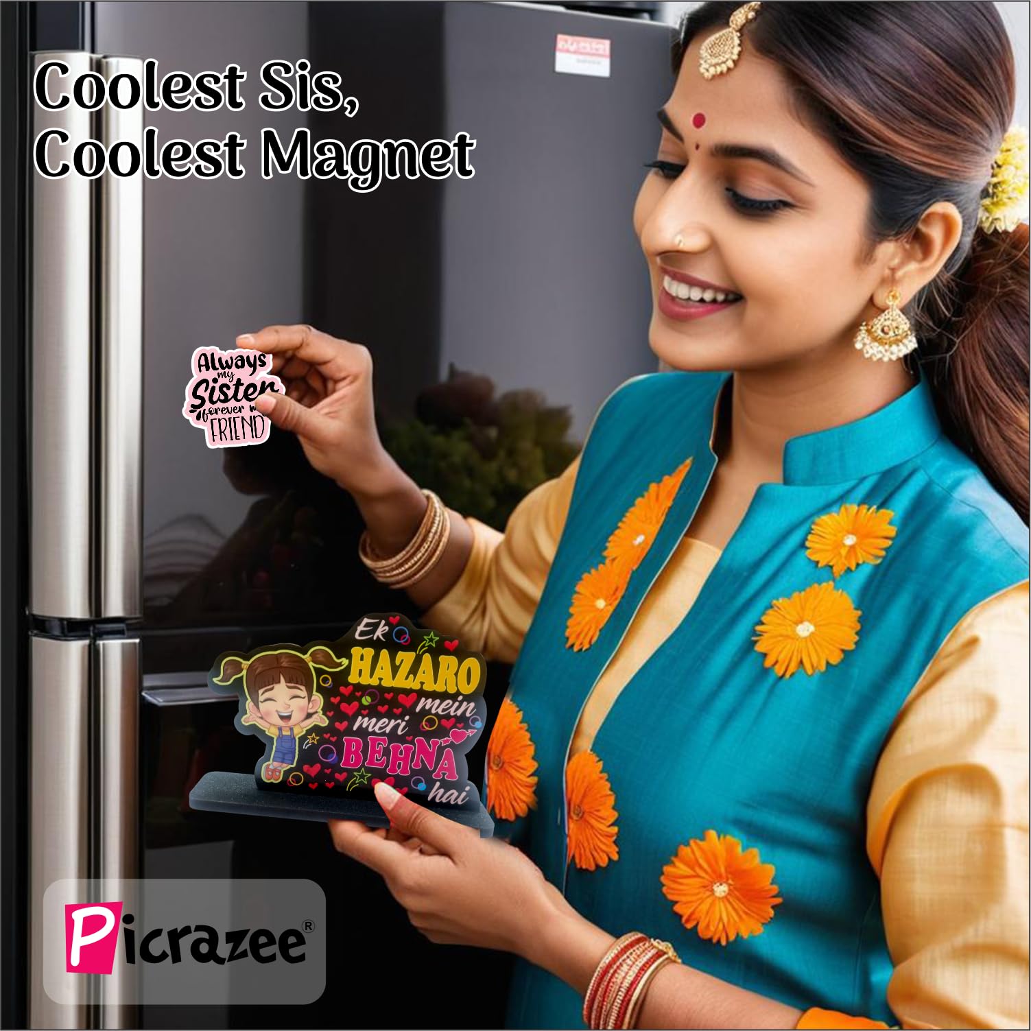 PICRAZEE Birthday Gift for Sister, Raksha Bandhan Gift Hamper for Sister – 12 Cushion with Filler, Ceramic Mug, Keyring, Fridge Magnet & Greeting Card