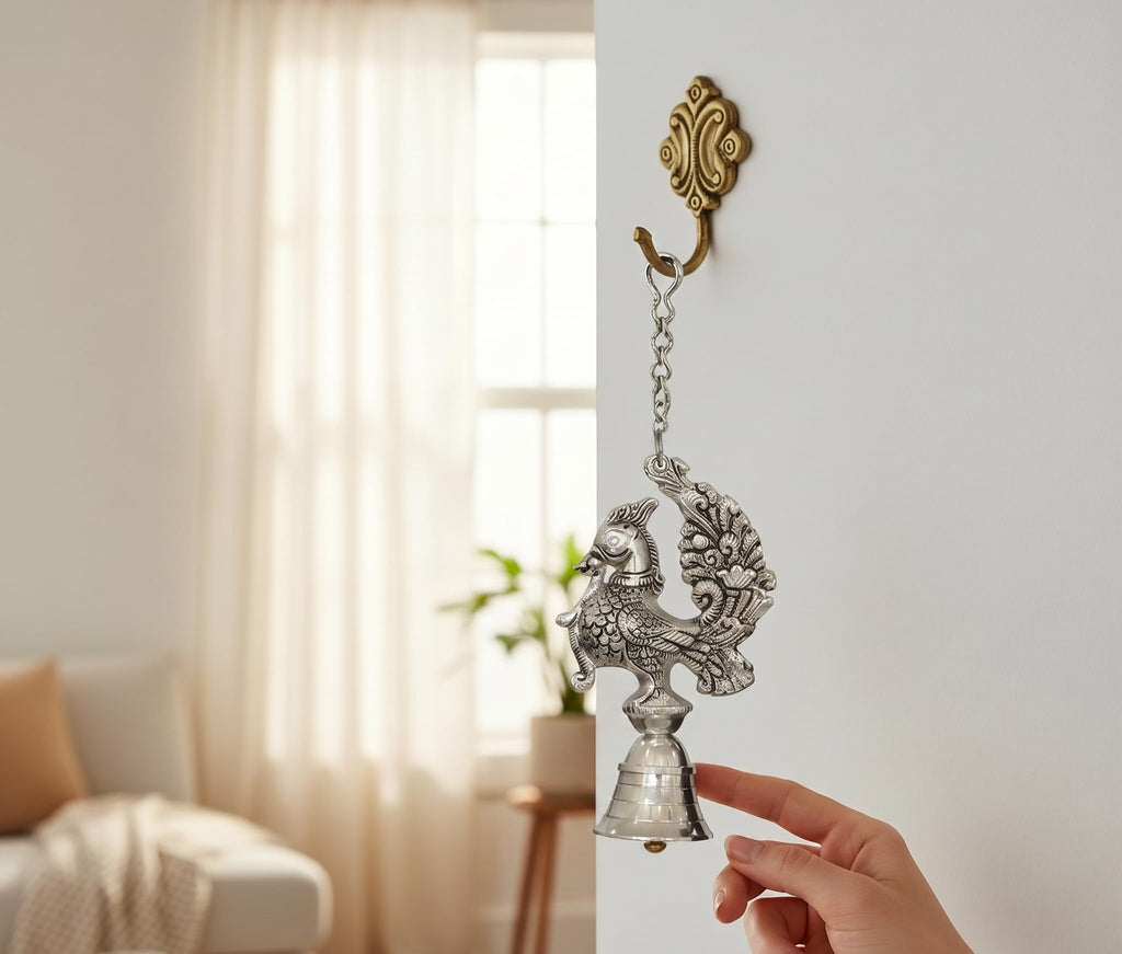 KridayKraft Ornate Peacock Hanging Bell – Antique Silver Finish Decorative Showpiece for Living Room, Entrance & Spiritual Decor