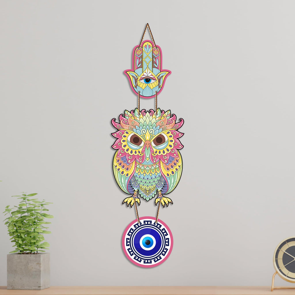 Artvibes Decorative Owl Evil Eye Hanging for Home Entrance | Lucky Charm Nazar Protection MDF Wall Art | Vastu Accent for Living Room | Office | Balcony & Main Door | Housewarming Gift (WH_8530N)
