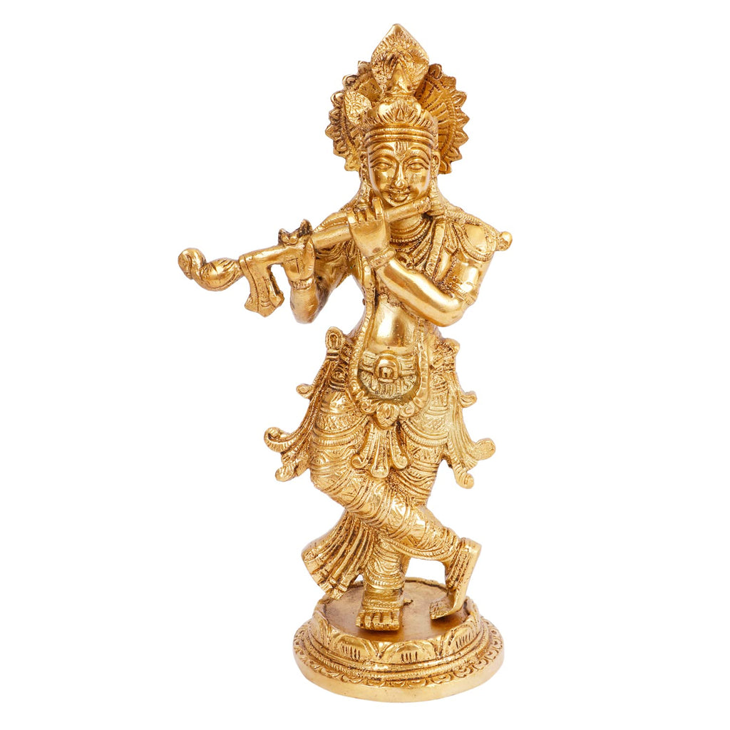 ARTVARKO Brass Krishna Idol Statue Playing Flute for Puja Mandir Krishna Murti Sculpture Gift & Home Decor Height 9 Inches