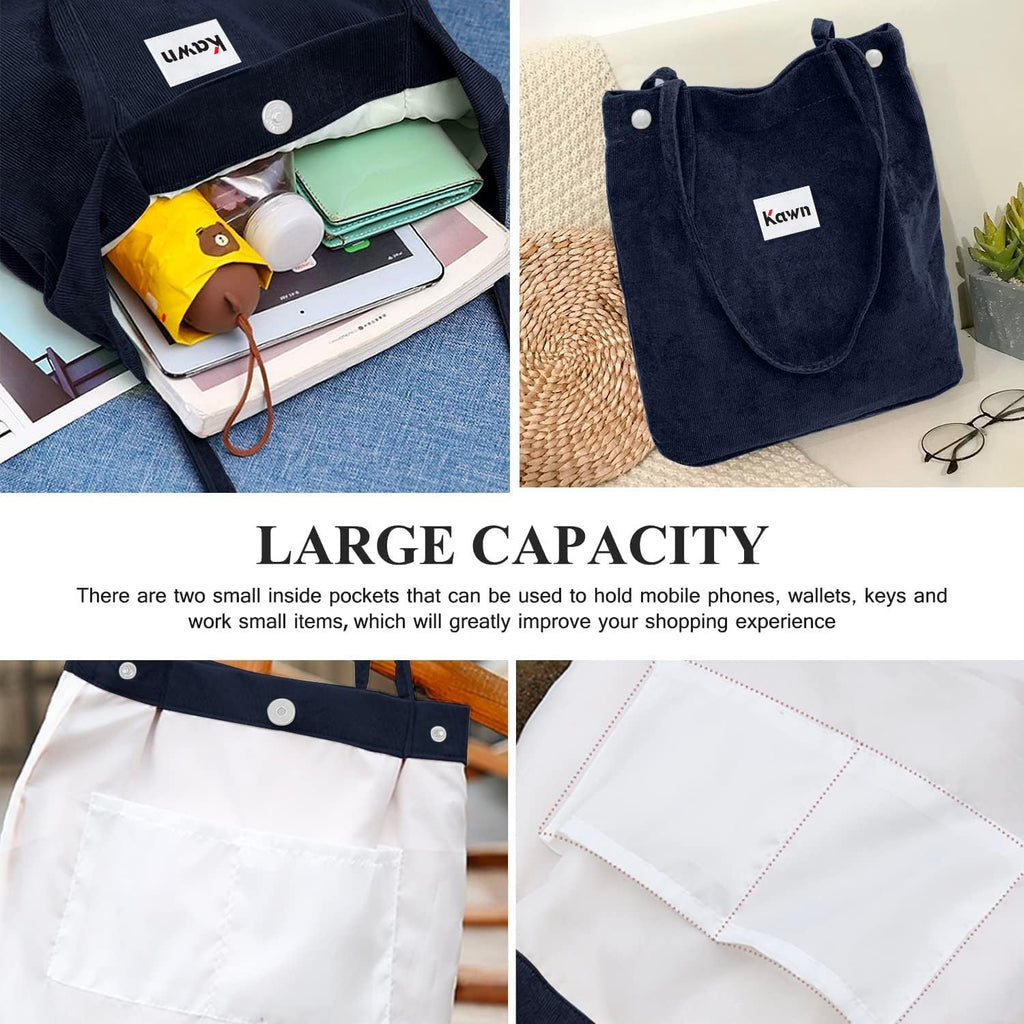 Kawn® Women Corduroy Tote Bag Canvas Shoulder Cord Purse Reusable Shopping Bag Grocery Bag Large Capacity Washable Handbag Girls Shoulder Bag with Inner Pocket For Daily Use Work Travel (Navy Blue)