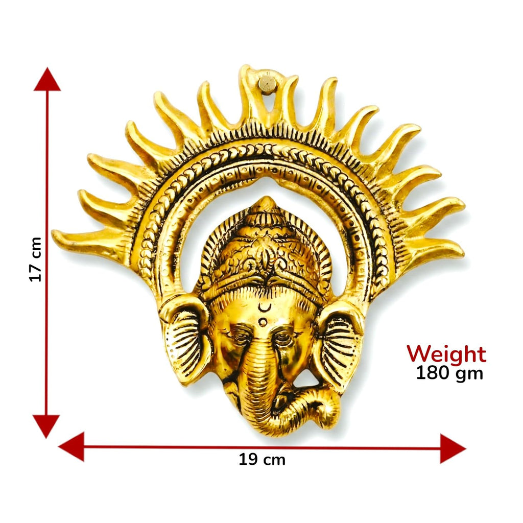 KridayKraft Ganesha Face Wall Hanging, Gold, Metal, 19 cm x 17 cm, 180 gm, Sun Halo Design