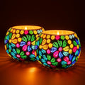 Floryn Decor Morrocan Mosaic Candle Holders | Home Light Decorations Items | Mosaic Glass Tealight Holder | Best lamp for Diwali Decoration | Pack of 2 (with 2 Tealight Candle Free)
