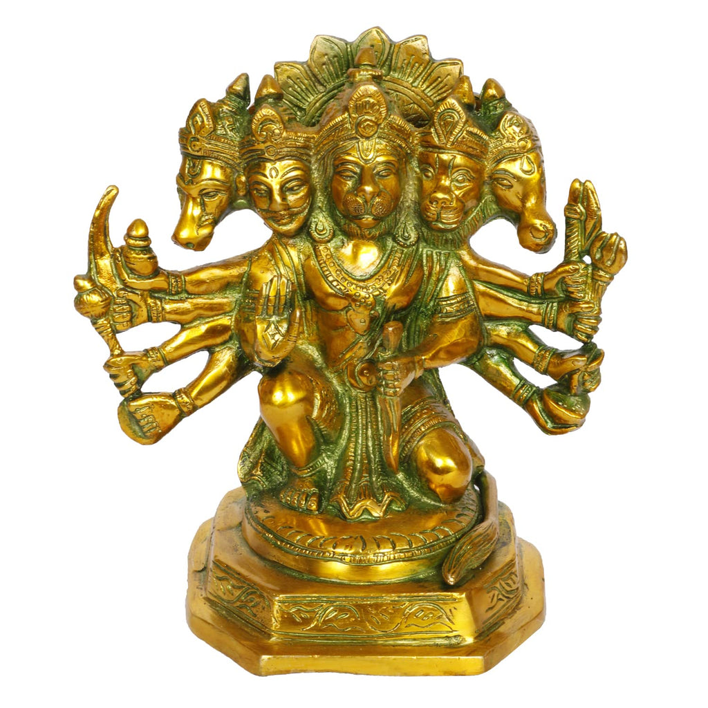ARTVARKO Brass God Panchmukhi (Five Faced) Bajrangbali Sankat Mochan Hanuman Idol Statue Murti for Home Office Entrance Décor Temple Mandir Pooja Puja Antique Greenish Gold 7 Inches