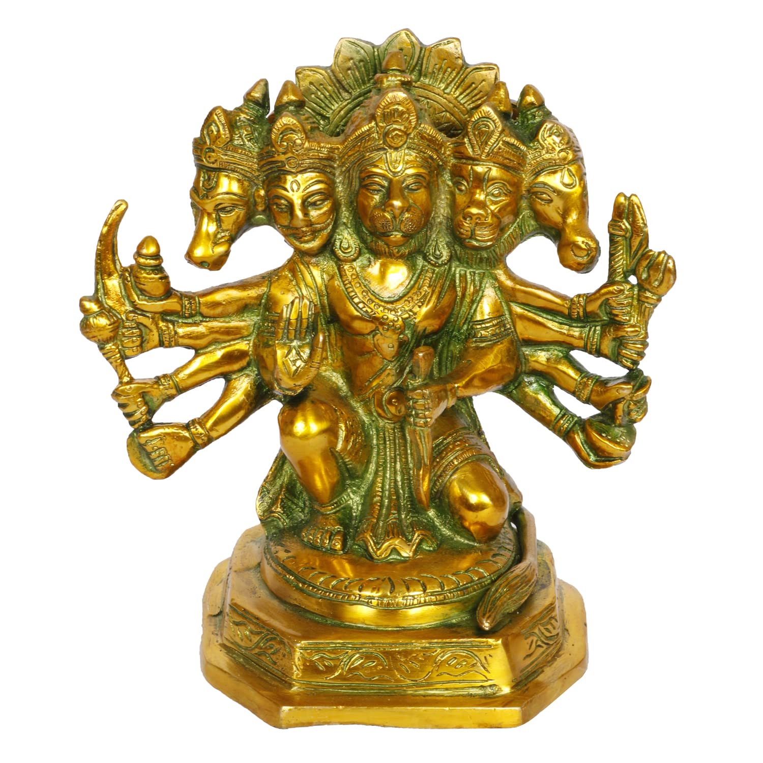 ARTVARKO Brass God Panchmukhi (Five Faced) Bajrangbali Sankat Mochan Hanuman Idol Statue Murti for Home Office Entrance Décor Temple Mandir Pooja Puja Antique Greenish Gold 7 Inches