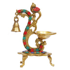 Artvarko Gemstone Work Brass Peacock Diya with Bell Antique Finish Ethnic Oil Lamp for Home Décor ,100% Pure Brass Antique Oil lamp for Office Home Temple, 8 inches