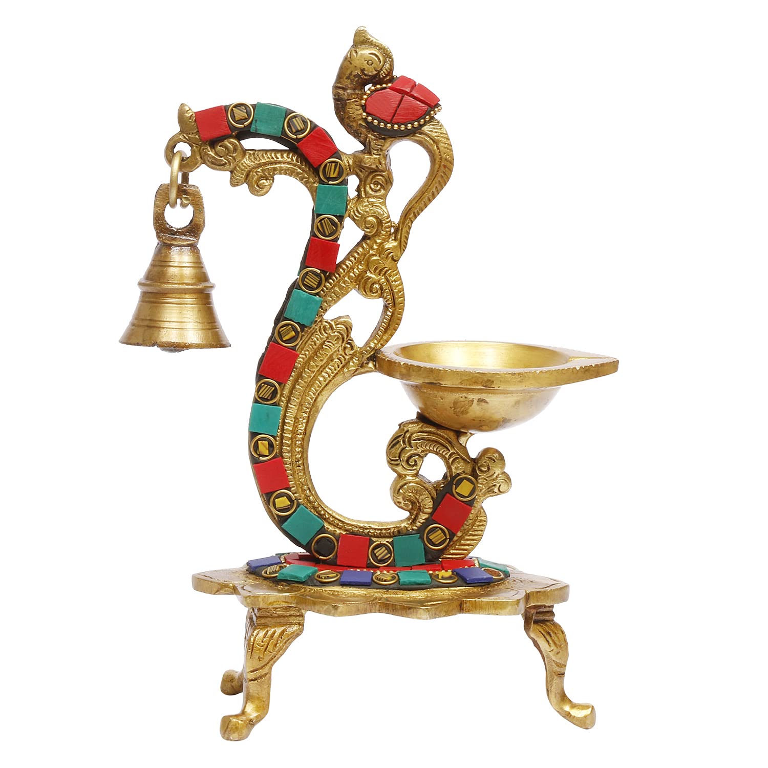 Artvarko Gemstone Work Brass Peacock Diya with Bell Antique Finish Ethnic Oil Lamp for Home Décor ,100% Pure Brass Antique Oil lamp for Office Home Temple, 8 inches