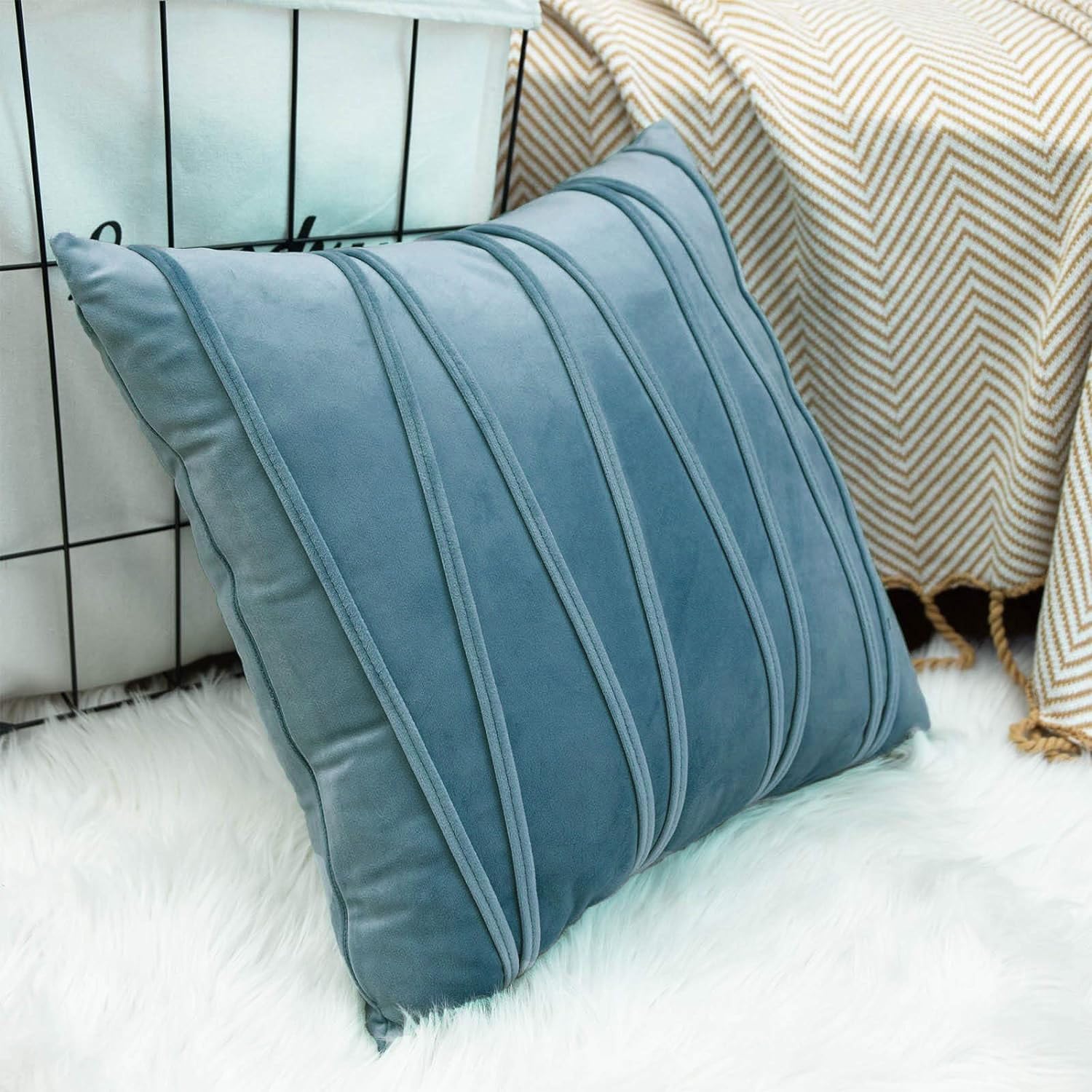Khooti Velvet Striped Cushion Cover Pack of 1-26X26/66X66 Cm | Ice Blue | Soft Pillow Covers Cushion Case for Sofa Bedroom Living Room Chair Car, Cushion Cover with Zig Zag Pattern