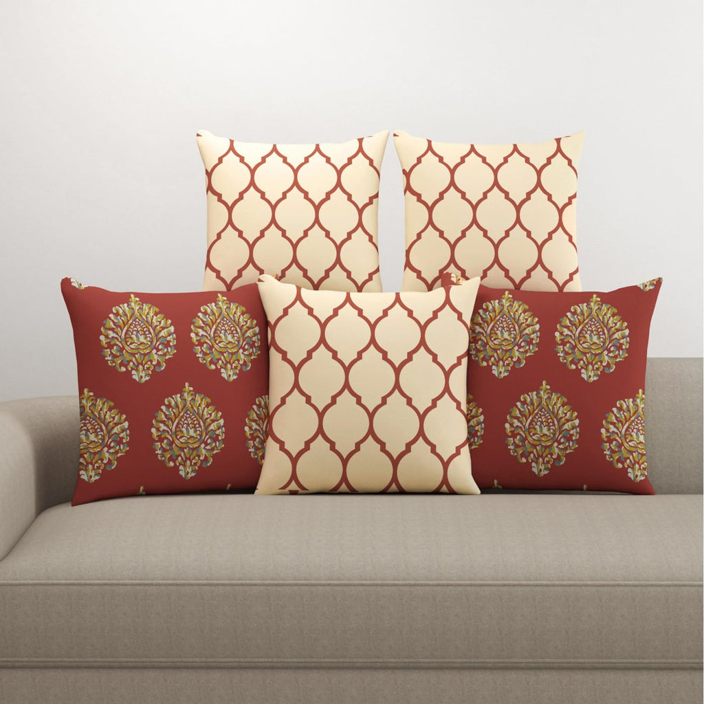 Trance Home Linen Set of 5 Premium 100% Cotton 24x24 inch Cushion Covers Only for Sofa and Diwan | 24 x 24 Cushion Pillow Covers Only – (24x24 inch | 60cmx60cm, Dori & Damask Clay Red) – Set of 5