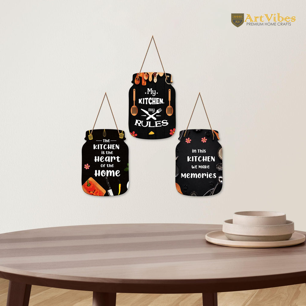 Artvibes My Kitchen My Rules Printed MDF Wooden Wall Art For Cafe | Kitchen | Restaurants | Quotes Decor Item | Kitchen Quotes Wall Hanging | Wall Illustrations | Gift Items (WH_8903N), Set of 3