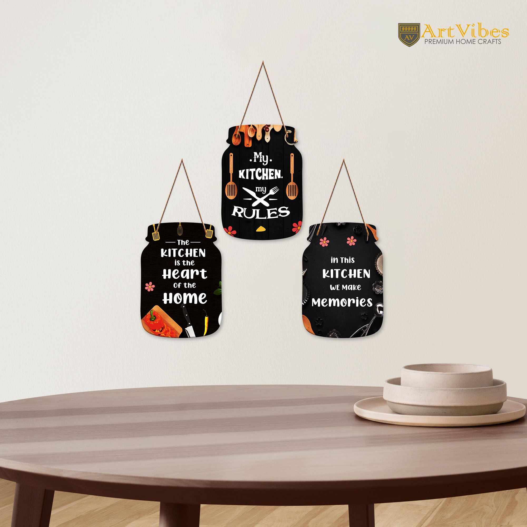 Artvibes My Kitchen My Rules Printed MDF Wooden Wall Art For Cafe | Kitchen | Restaurants | Quotes Decor Item | Kitchen Quotes Wall Hanging | Wall Illustrations | Gift Items (WH_8903N), Set of 3