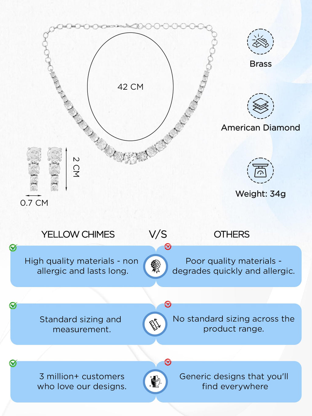 Yellow Chimes Jewellery Set for Women and Girls Traditional American Diamond Jewellery Set | Rhodium Plated AD Necklace Set for Women | Birthday Gift for girls and women Anniversary Gift for Wife ( ‎ YCADNS-24CRYCIR-WH)