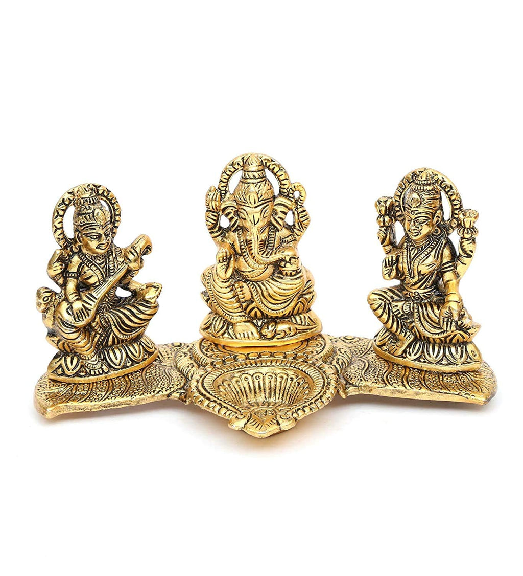 KridayKraft Laxmi Ganesh Saraswati Gold Plated Showpiece Statue with Oil Lamp Diya for Home Decor